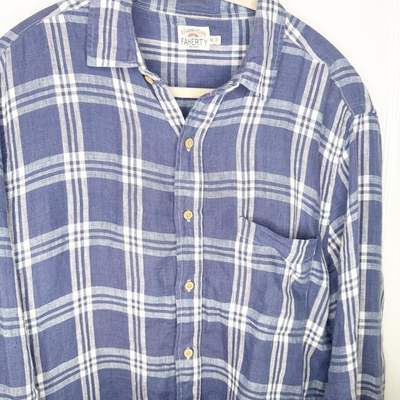 Faherty Men’s Linen Laguna Shirt Button Down Collared Jetty Plaid Blue Medium M - Picture 6 of 15